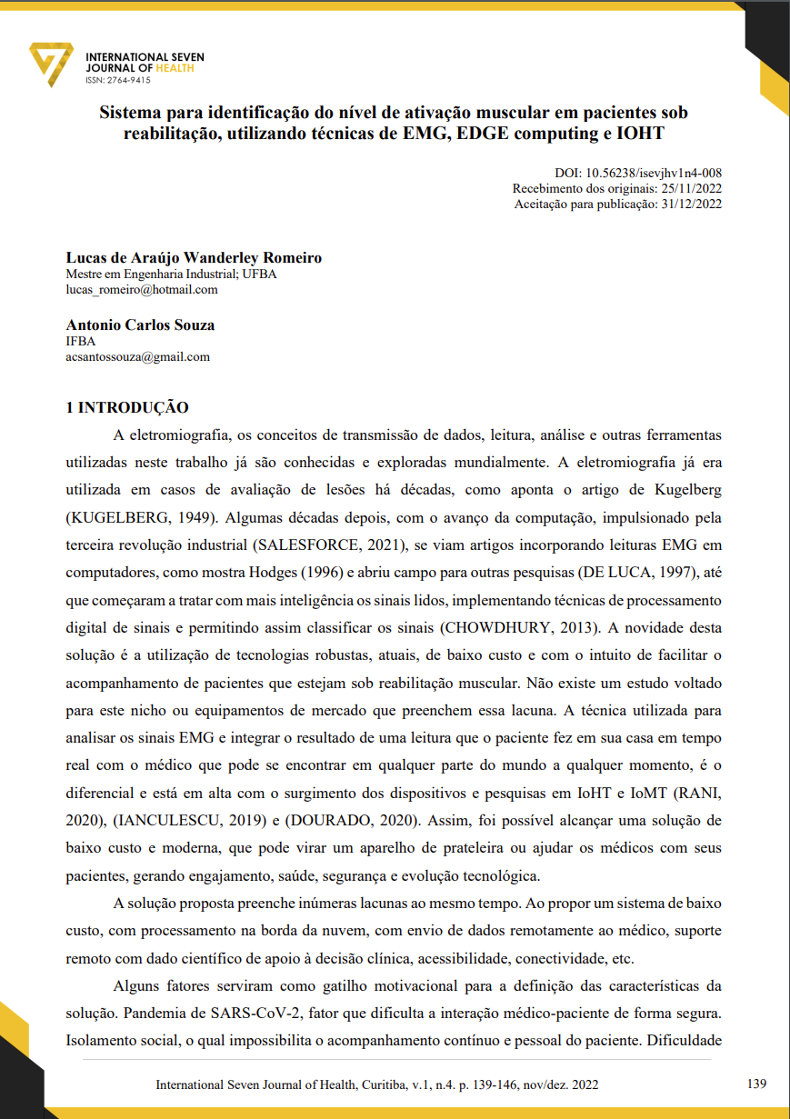 Sistema para identificação do nível de ativação muscular em pacientes sob reabilitação, utilizando técnicas de EMG, EDGE computing e IOHT