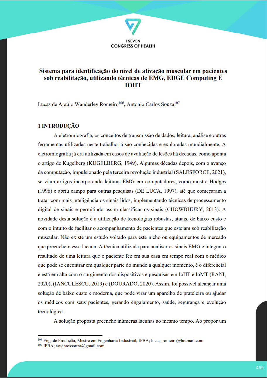 Sistema para identificação do nível de ativação muscular em pacientes sob reabilitação, utilizando técnicas de EMG, EDGE Computing E IOHT